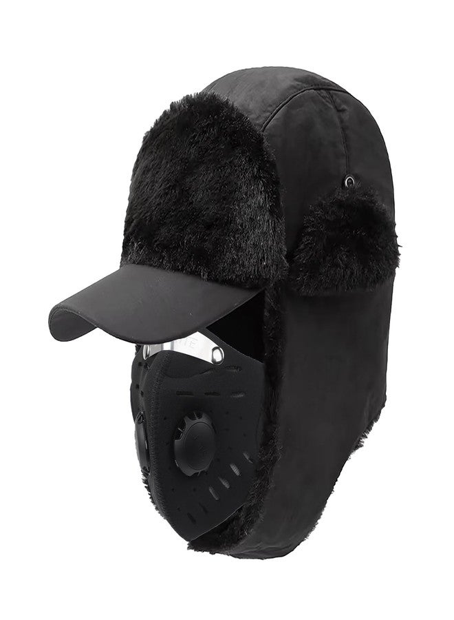PURFUN Men Women Warm Ski Cap with Mask, Winter Thicken Cozy Faux Fur Liner Full Hood Earflap Hat Visor Baseball Cap Windproof Thermal Running Cycling Camping Hunting Trapper Hat Balaclava Black - Image 1