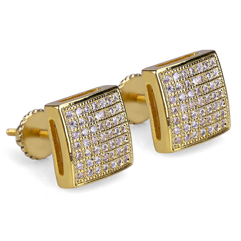 TOPGRILLZ 925 Sterling Silver Square Screw Stud Earrings 14K Gold Plated 5A+ Cubic Zirconia Iced Out Square Screw Back Hypoallergenic Cube Large Stud Earrings For Men Women(04Gold) - Image 1