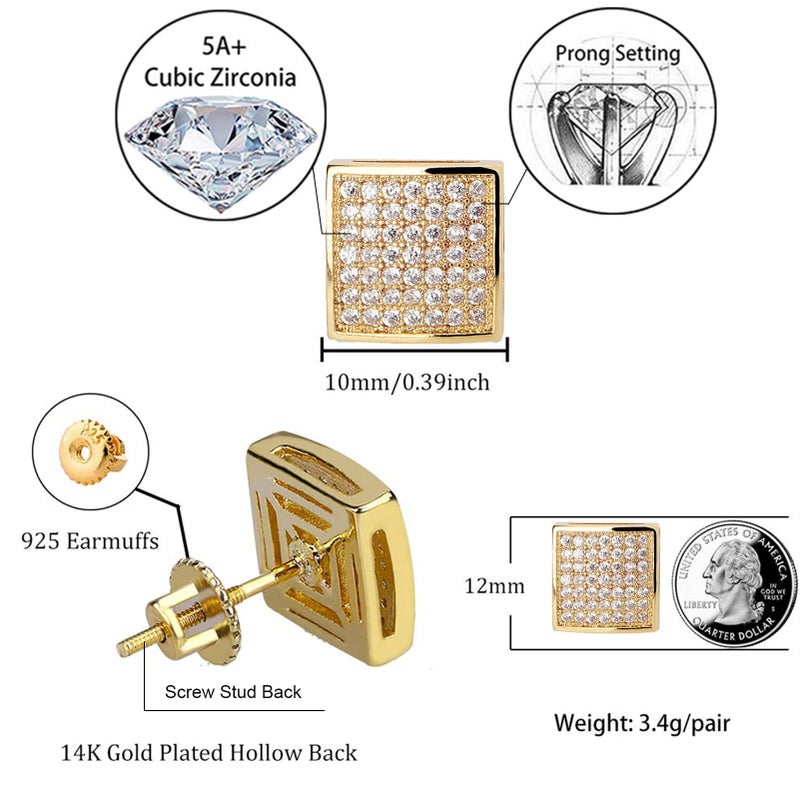 TOPGRILLZ 925 Sterling Silver Square Screw Stud Earrings 14K Gold Plated 5A+ Cubic Zirconia Iced Out Square Screw Back Hypoallergenic Cube Large Stud Earrings For Men Women(04Gold) - Image 2
