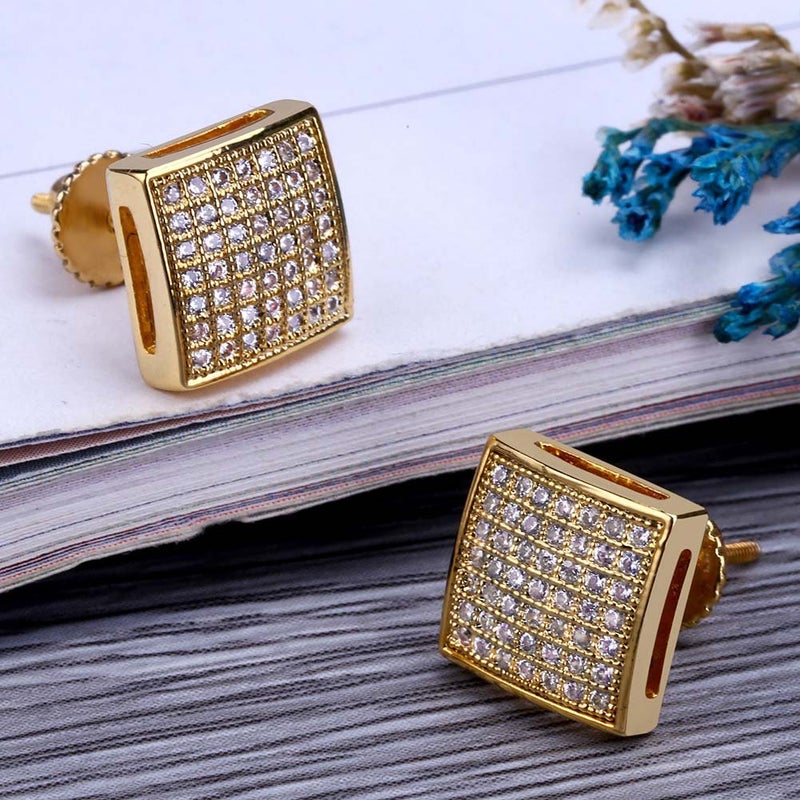 TOPGRILLZ 925 Sterling Silver Square Screw Stud Earrings 14K Gold Plated 5A+ Cubic Zirconia Iced Out Square Screw Back Hypoallergenic Cube Large Stud Earrings For Men Women(04Gold) - Image 3