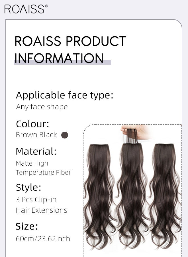 roaiss 3Pcs Clip in Hair Extensions, Volumizing Hair Extensions Invisible Edging Adjustable Long Wavy Synthetic Heat Resistant Hairpieces for Women Girls, Brown Black, 60cm (23.62 inches) - Image 5