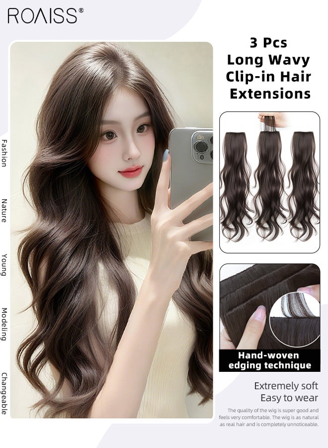 roaiss 3Pcs Clip in Hair Extensions, Volumizing Hair Extensions Invisible Edging Adjustable Long Wavy Synthetic Heat Resistant Hairpieces for Women Girls, Brown Black, 60cm (23.62 inches) - Image 1