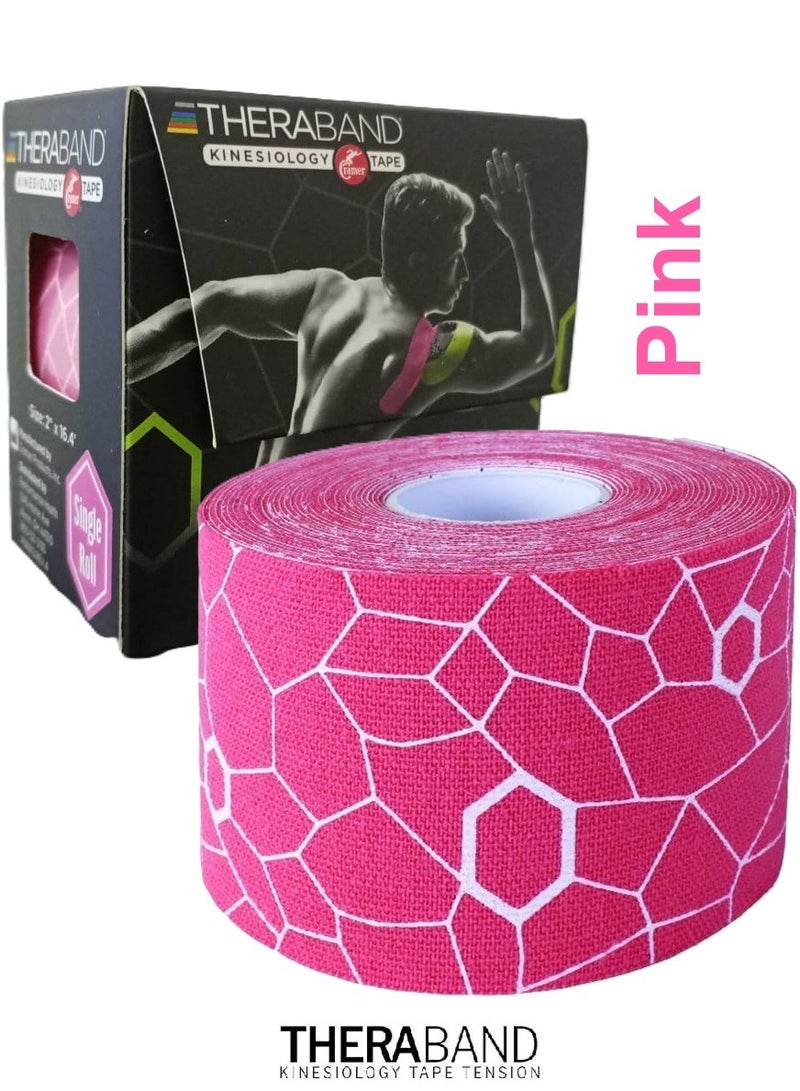 TheraBand Kinesiology Tape Waterproof Physio Tape for Pain Relief Muscle and Joint Support, Standard Roll with Xact Stretch Application Indicators (Pink) - Image 1
