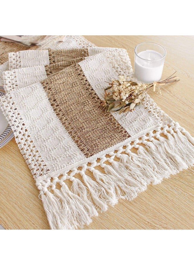 FEXIA Boho Table Runner 48 Inches Long with Tassels Farmhouse Rustic Cream & Brown Macrame Table Runner for Dining Bedroom Baby Bridal Shower Home Decor(12x48 Inches) - Image 1