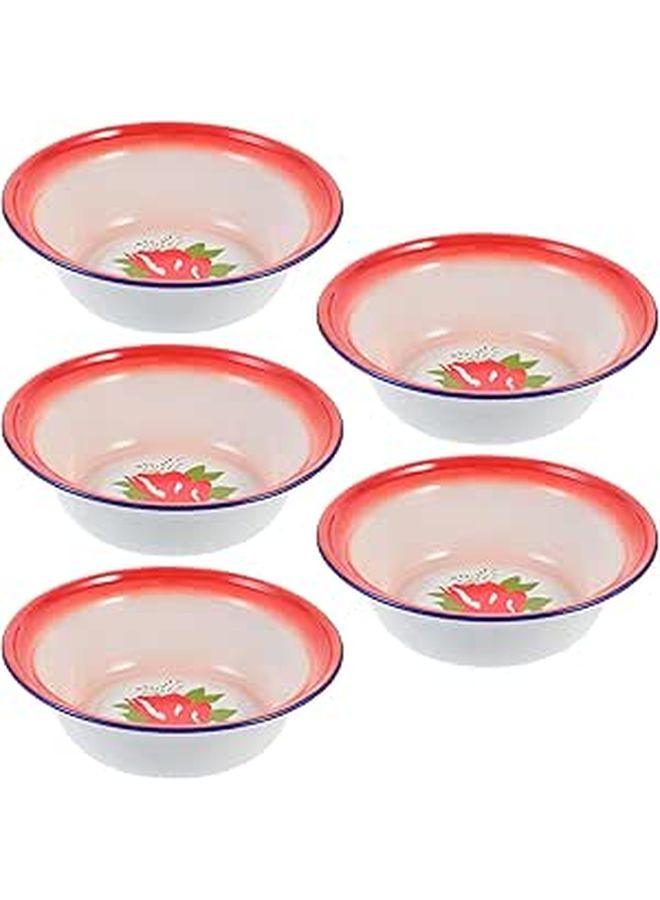 Vintage Red Floral Enamel Bowl Set 5PCS 20cm Deepened Metal Soup Basins for Kitchen Home Camping - Image 1