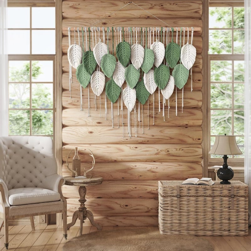 Xlot Large Macrame Wall Hanging, Boho Handmade Leaf Feather Bohemian Woven Tapestry, Chic Wall Art Home Decor for Bedroom Living Room Nursery Apartment Decorations (Green with Beige) - Image 5