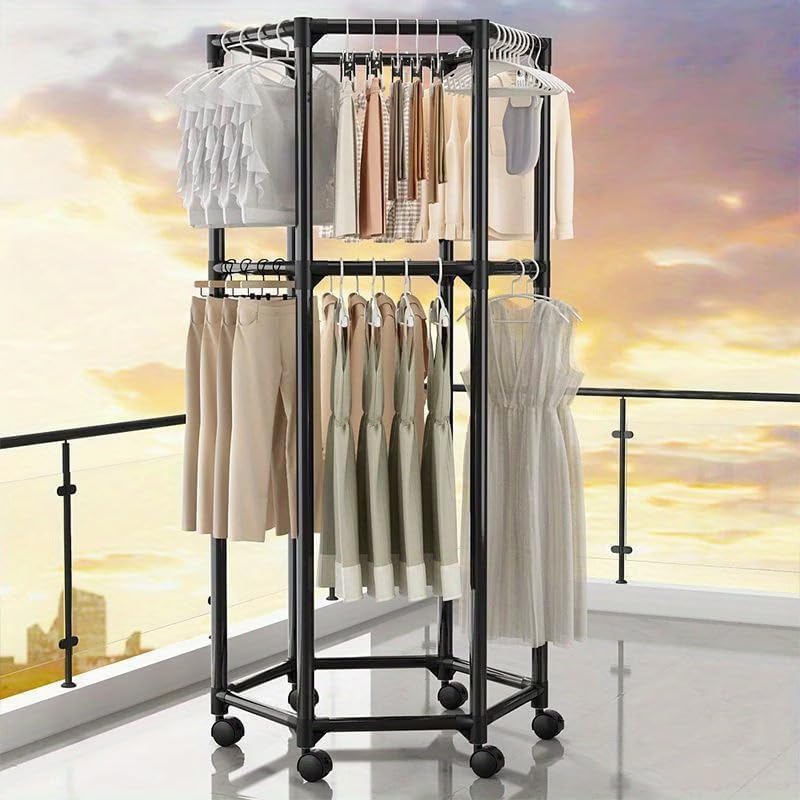 Ozoy Metal Multifunctional Garment Stand Cloth Rack Freestanding Storage Organizer with Bottom Shelves Single Pole Coat Hanger - 150 x 110 x 40 CM (WHITE#) - Image 1