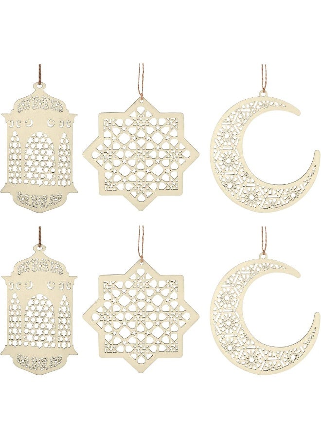 Maitys 6 Pieces Wooden Pendant Ornament Ramadan Kareem Decoration Moon Star Wind Light Shape Pendant Ornament for Ramadan Mubarak Eid Decorations (Wood Color) - Image 1
