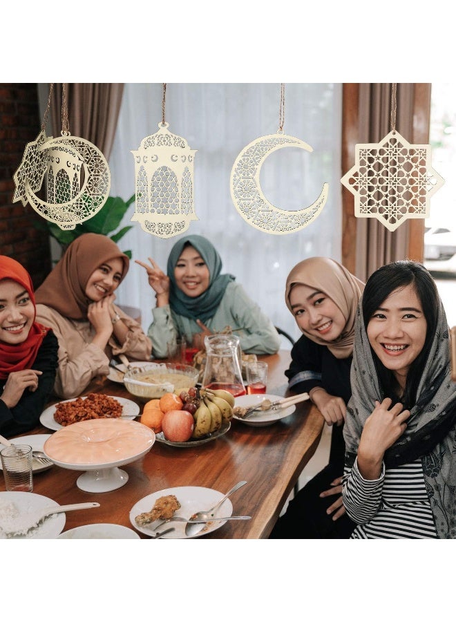 Maitys 6 Pieces Wooden Pendant Ornament Ramadan Kareem Decoration Moon Star Wind Light Shape Pendant Ornament for Ramadan Mubarak Eid Decorations (Wood Color) - Image 3