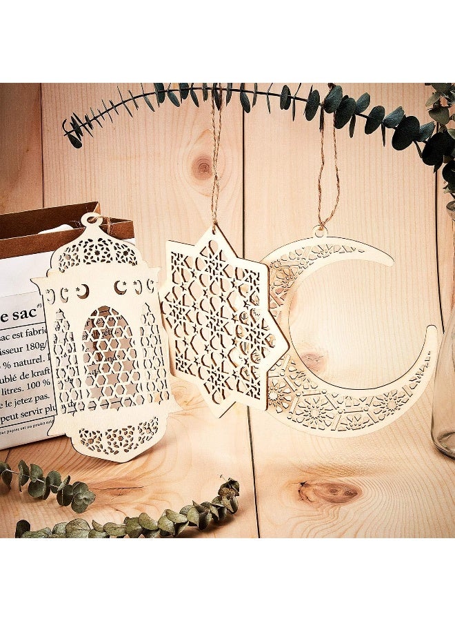 Maitys 6 Pieces Wooden Pendant Ornament Ramadan Kareem Decoration Moon Star Wind Light Shape Pendant Ornament for Ramadan Mubarak Eid Decorations (Wood Color) - Image 4