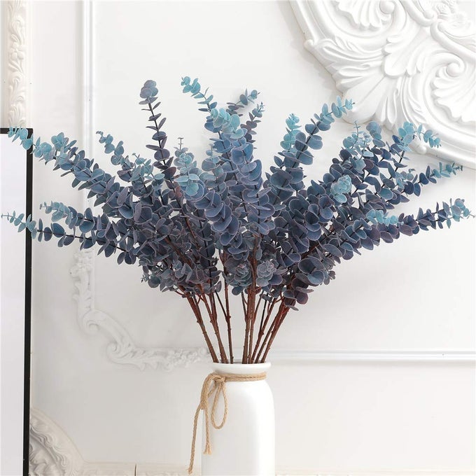 3 PCS SOFT TOUCH ARTIFICIAL EUCALYPTUS LEAVES SPRAY 315 FAKE SILVER DOLLAR GREENERY STEMS FOR HOME WEDDING FLORAL ARRANGEMENT BLUE