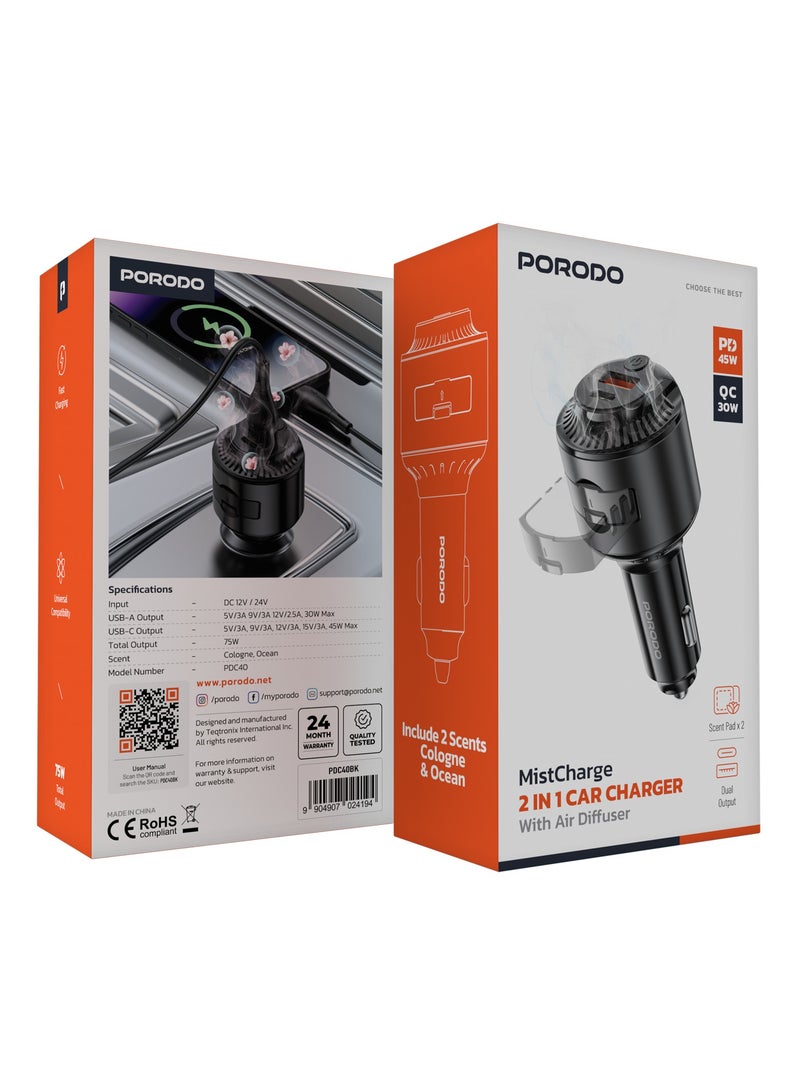 porodo MistCharge 2 in 1 Car Charger with Air Diffuser & 2 Scent Pad / PD 45W & QC 30W Fast Charging / Universal Compatibility / Dual Output / 75W Total Output - Black - Image 5
