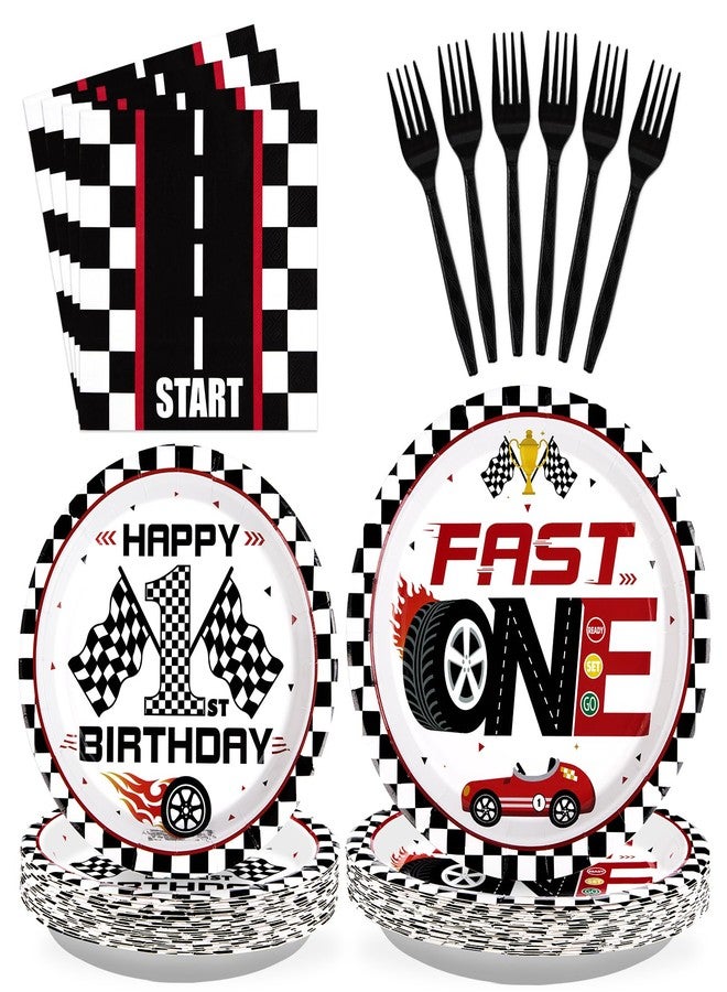 Grencian 96 Pcs Fast One Birthday Decorations Race Car 1st Birthday Plates and Napkins Tableware Sets Racing Car First Party Decorations for Kids Boys 1 Years Old Party Supplies Serves 24 - Image 1