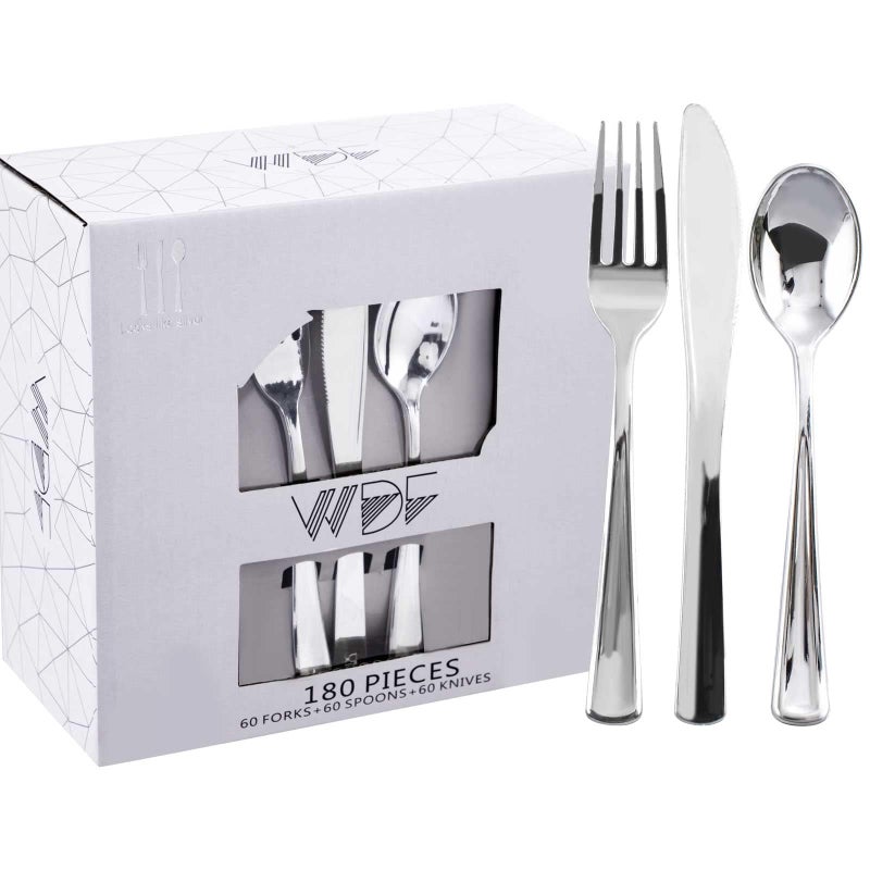 WDF 180 Pieces Silver Plastic Silverware - 60 Forks  60 Knives  60 Spoons - Disposable Silver Plastic Cutlery Perfect for Party/Wedding - Image 1