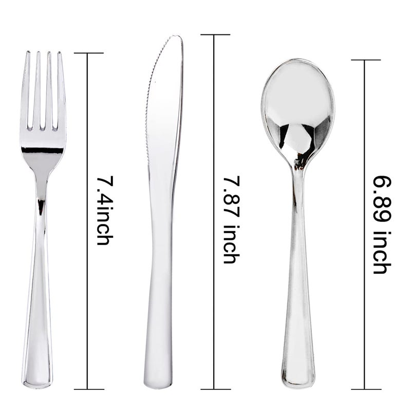 WDF 180 Pieces Silver Plastic Silverware - 60 Forks  60 Knives  60 Spoons - Disposable Silver Plastic Cutlery Perfect for Party/Wedding - Image 5