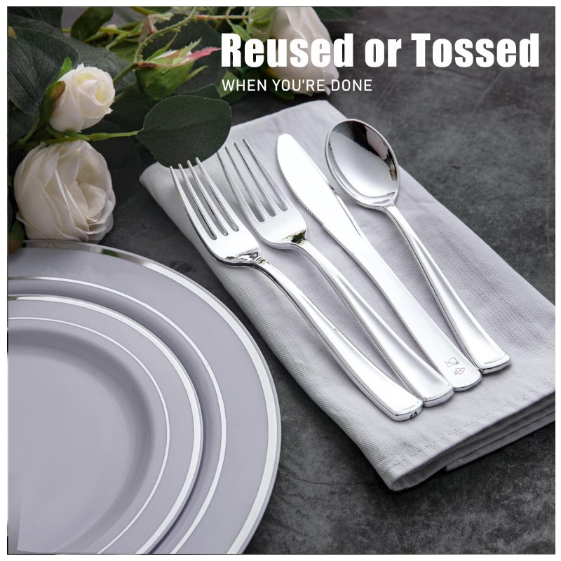 WDF 180 Pieces Silver Plastic Silverware - 60 Forks  60 Knives  60 Spoons - Disposable Silver Plastic Cutlery Perfect for Party/Wedding - Image 4