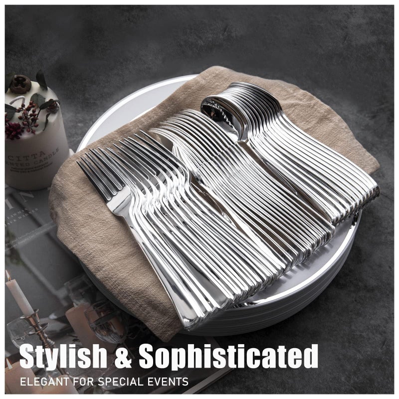 WDF 180 Pieces Silver Plastic Silverware - 60 Forks  60 Knives  60 Spoons - Disposable Silver Plastic Cutlery Perfect for Party/Wedding - Image 2