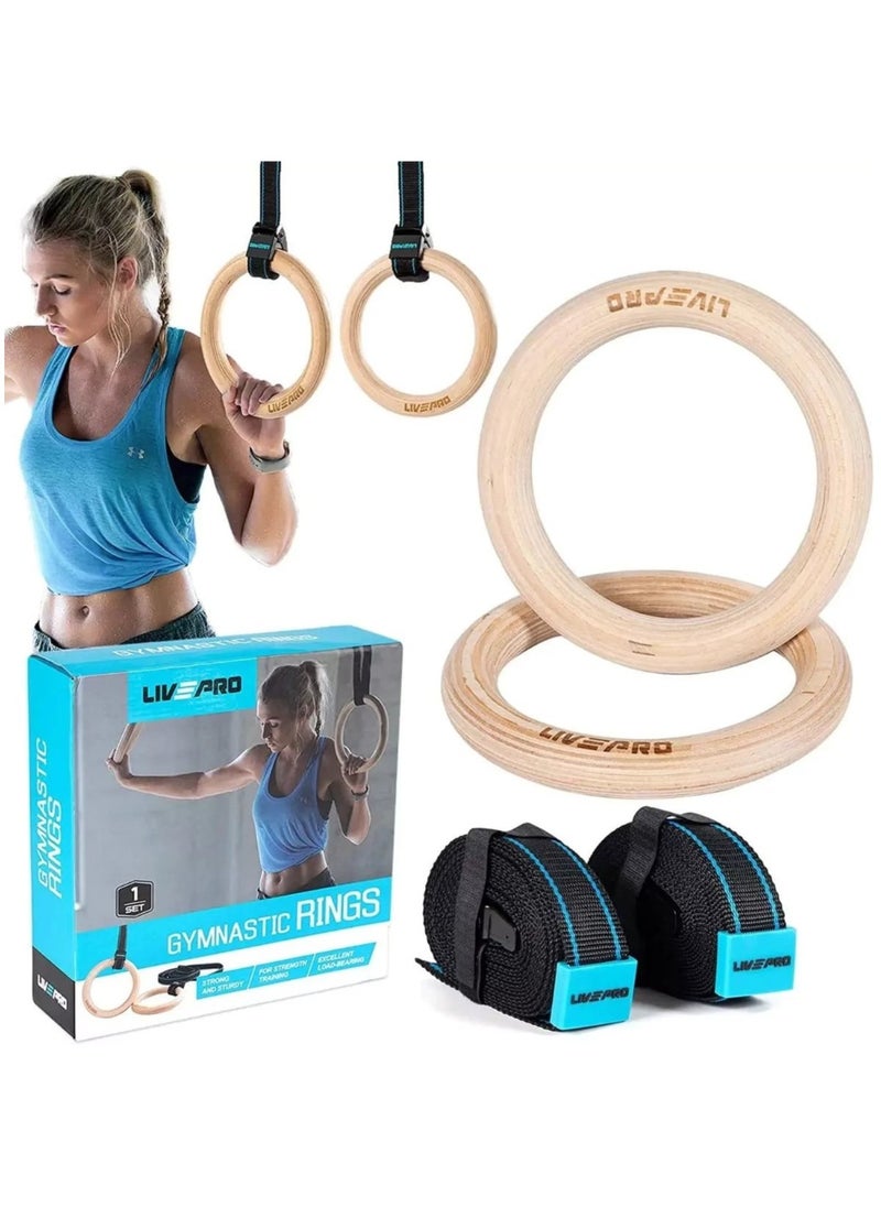 LivePro Gym Rings Wood Gymnastic Ring Straps Heavy Duty Gym Equipment for Cross Training Workout Strength Training Gymnastics Fitness Pull Ups And Dips  - Image 1