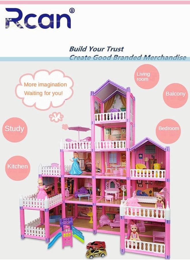 Rcan - مجموعة منزل قلعة الأميرة الخيالية، بيت الدمى DIY، نموذج مصغر للحرف اليدوية، أثاث منزلي للأولاد والبنات والأطفال، هدية عيد ميلاد إبداعية، وردي - Image 1