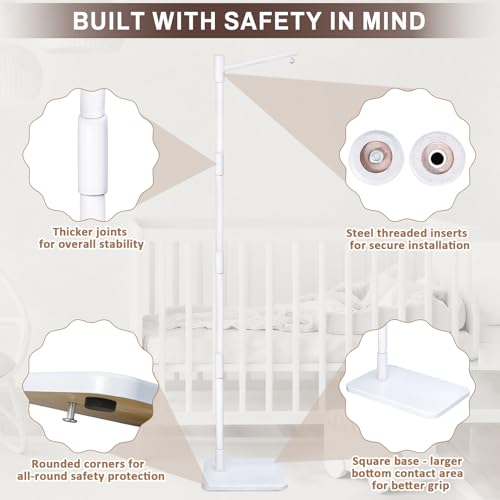 EBINGMIMA White Floor-Standing Crib Mobile Arm - 65" Baby Mobile Stand for Crib - Mobile Arm for Crib - 100% Beech Wood - Adjustable Mobile Hanger with Anti-Tip Base - Easy Assembly - Modern Nursery Decor - Image 4