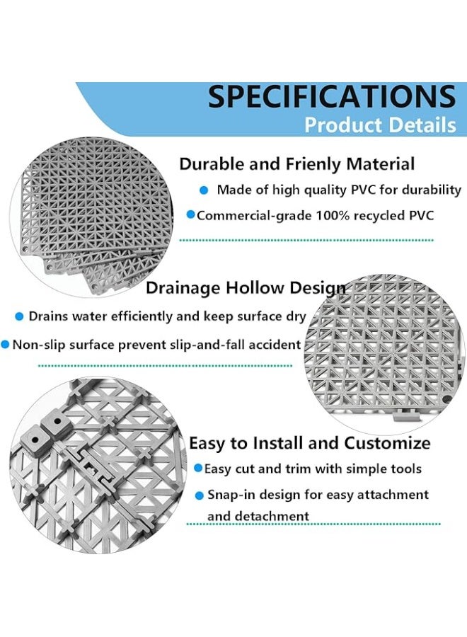 DUNISO 12 Pcs Drainage Interlocking Floor Tiles, PVC Splicing Modular Cushion Mats, Square Splicing Rubber Floor Tiles with Holes，Non-slip，Sturdy and Durable，for Shower Basement Garage Shed，12” x 12”，Grey - Image 4