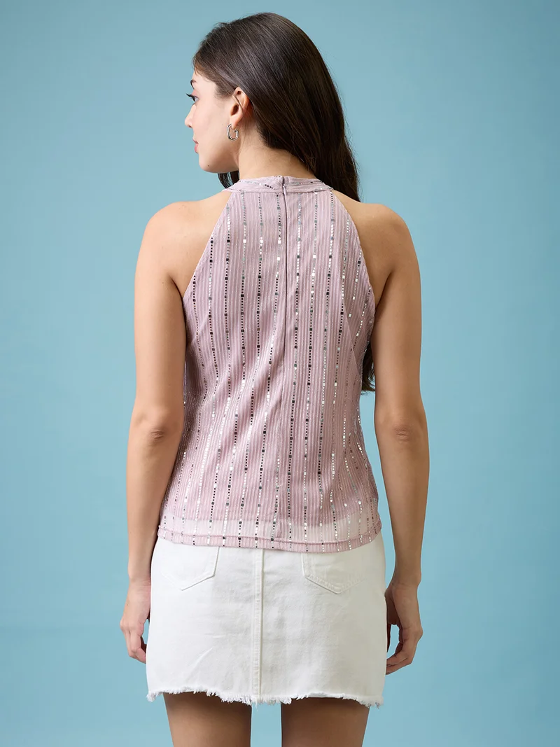 globus Women Pink Keyhole Halter Neck Sequinned Detail Party Top