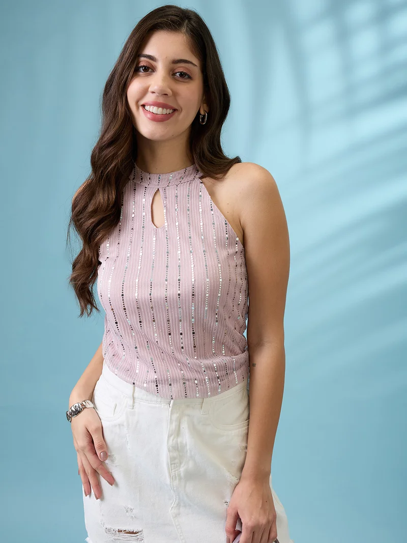 globus Globus Women Pink Keyhole Halter Neck Sequinned Detail Party Top