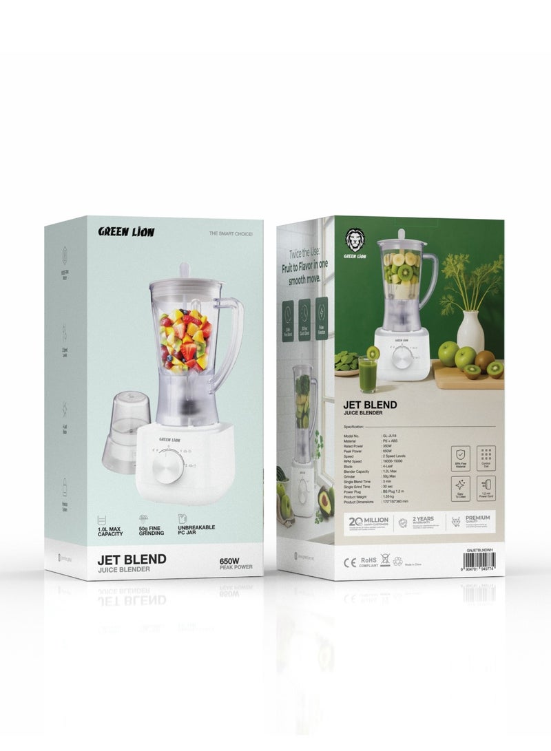 GreenLion Jet Blender 650W Juice Blender with Unbreakable Jar & Grinder – 1.25L, 2 Speed Settings, White, 1 year warranty