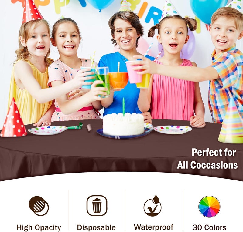 Party Solids طقم 6 من غطاء الطاولة البلاستيكي الفاخر 84 بوصة. غطاء طاولة دائري بلاستيكي - بني - Image 5