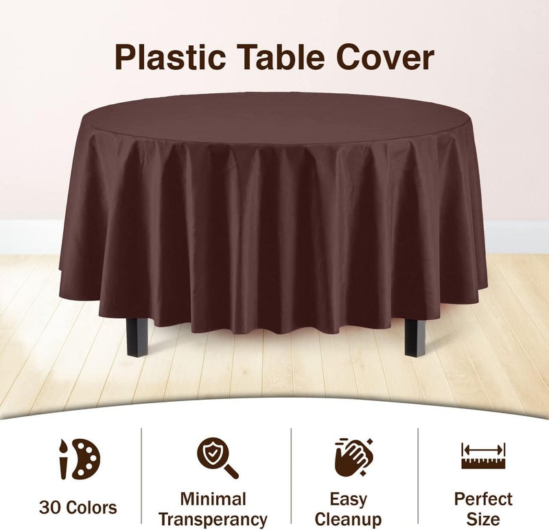 Party Solids طقم 6 من غطاء الطاولة البلاستيكي الفاخر 84 بوصة. غطاء طاولة دائري بلاستيكي - بني - Image 3