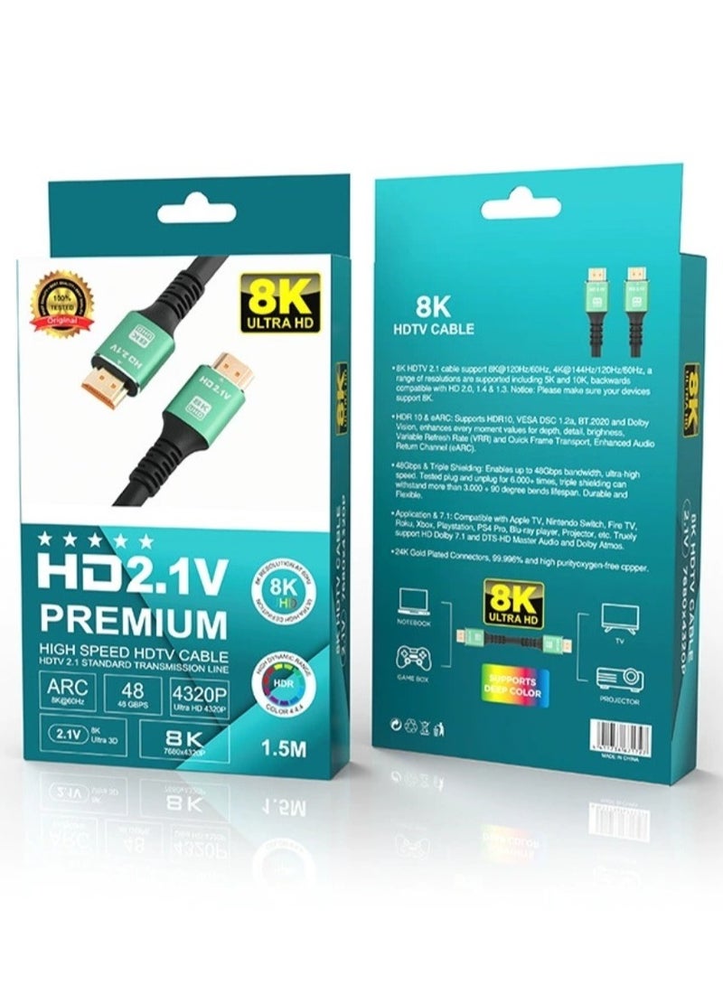 كابل HDMI بدقة 8K–4K بطول 1.5 متر – سرعة عالية 48 جيجابت/ثانية، إصدار 2.1، بدقة Ultra HD، يدعم HDR وARC، متوافق مع 8K/4K/2K/1440P/1080P – أسود - Image 1