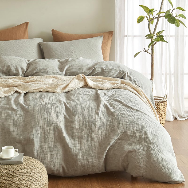 SE SOFTEXLY Muslin Duvet Cover California King Size, 100% Washed Cotton Duvet Cover Set, Ultra Soft Comforter Cover Linen Like, 3 Pieces Gauze Duvet Cover with 2 Pillowcases, 98"x104", Smoky-Green - Image 1