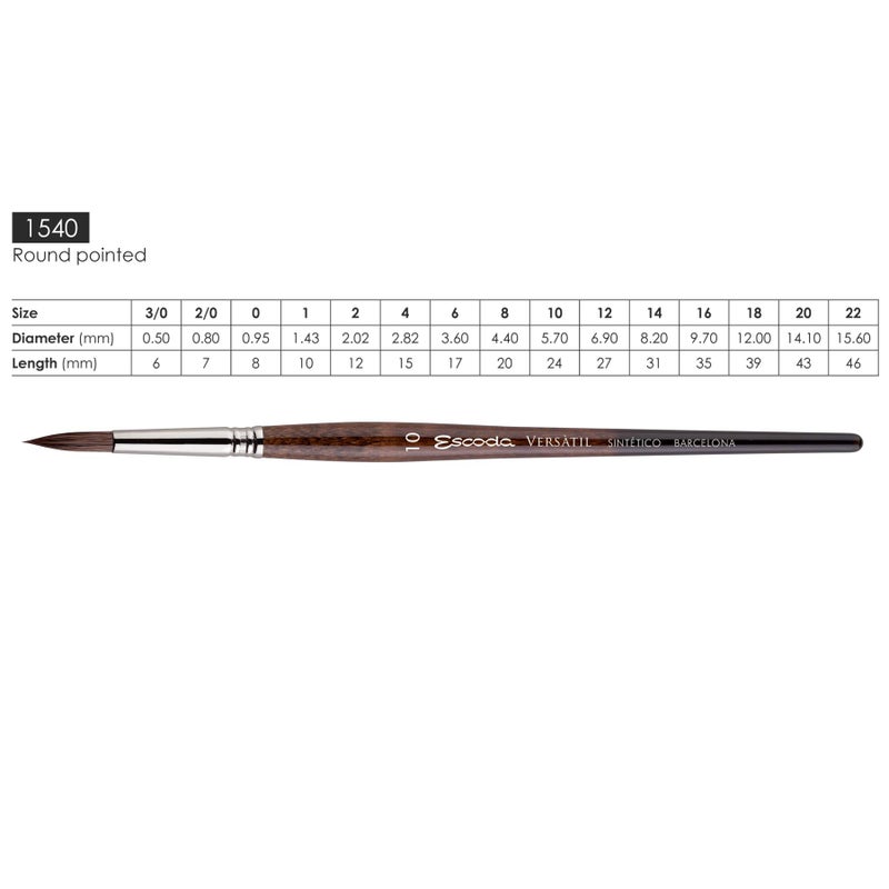 Escoda Versatil 1540 Series Artist Watercolor and Acrylic Paint Brush, Short Handle, Pointed Round, Size 2/0 - Image 3