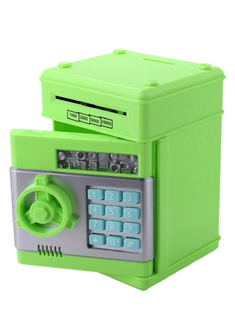 The smart piggy bank is a unique little safe for kids with a storage capacity of over 600 coins or more than 100 bills, in green color.  - Image 1
