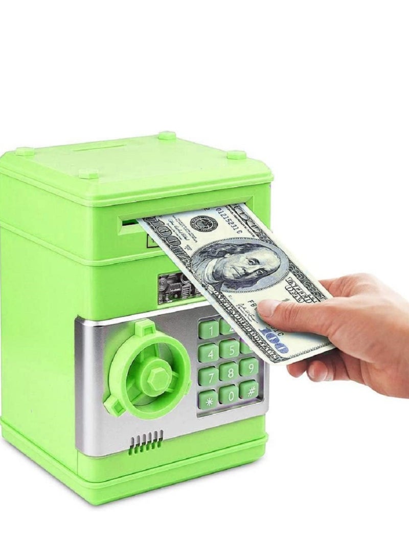 The smart piggy bank is a unique little safe for kids with a storage capacity of over 600 coins or more than 100 bills, in green color.  - Image 4