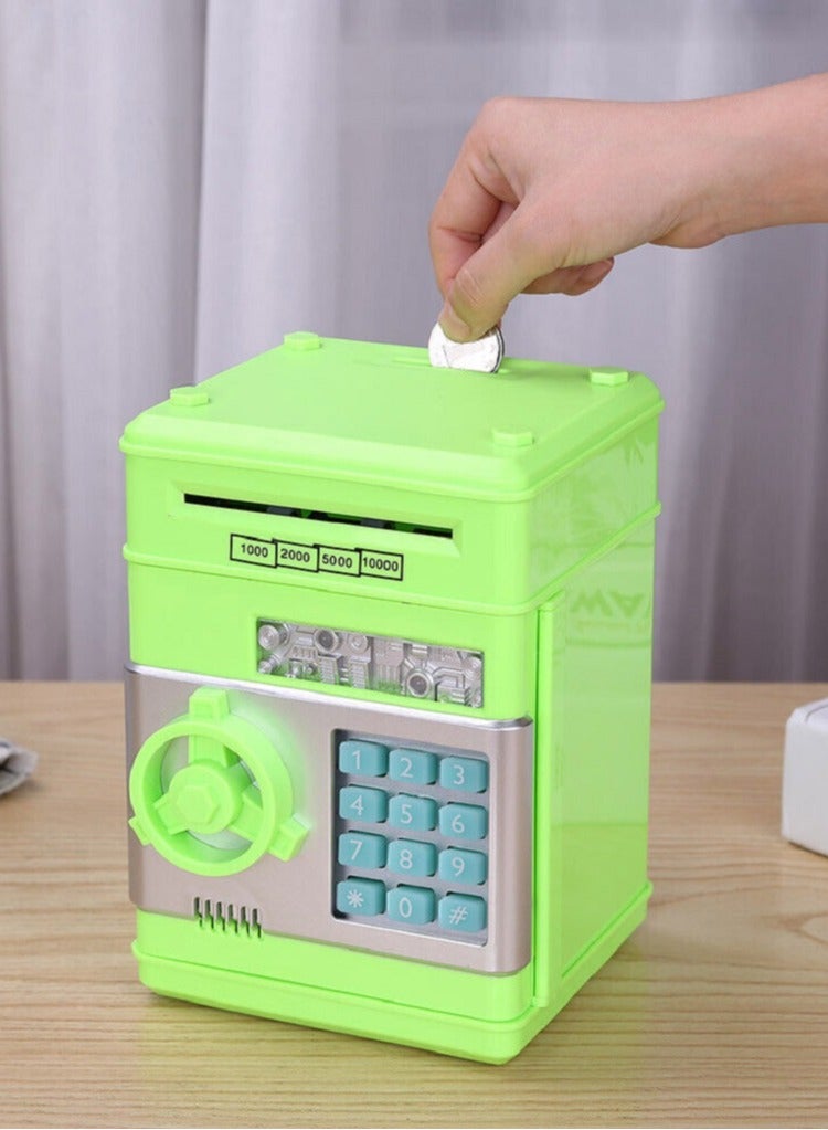 The smart piggy bank is a unique little safe for kids with a storage capacity of over 600 coins or more than 100 bills, in green color.  - Image 2