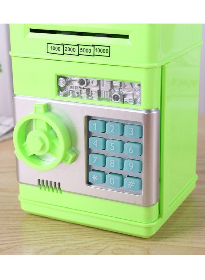 The smart piggy bank is a unique little safe for kids with a storage capacity of over 600 coins or more than 100 bills, in green color.  - Image 3