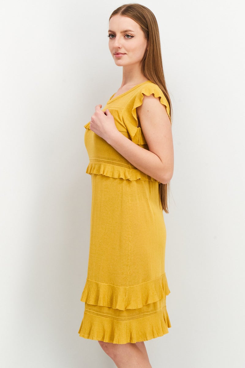 TWINSET Women Textured Ruffle Sleeve Mini Dress, Yellow  - Image 4