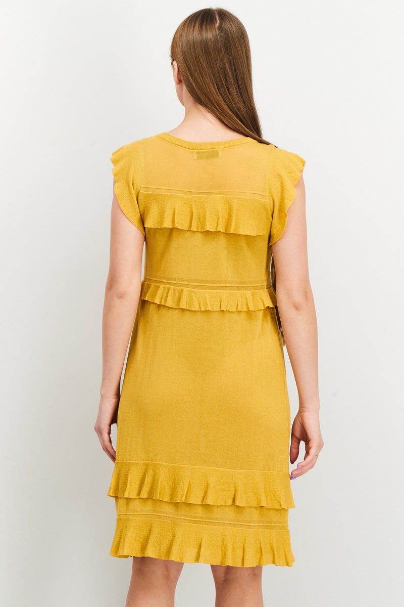 TWINSET Women Textured Ruffle Sleeve Mini Dress, Yellow  - Image 2