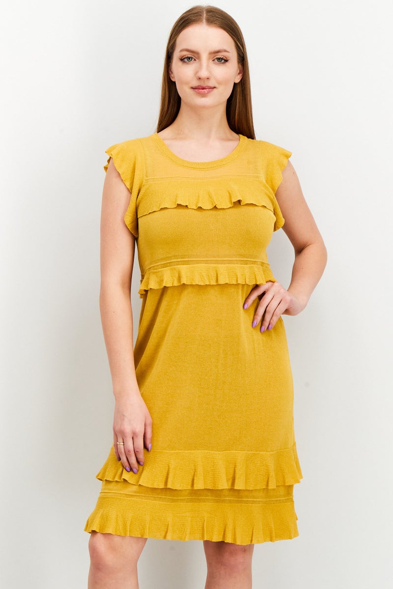TWINSET Women Textured Ruffle Sleeve Mini Dress, Yellow  - Image 1