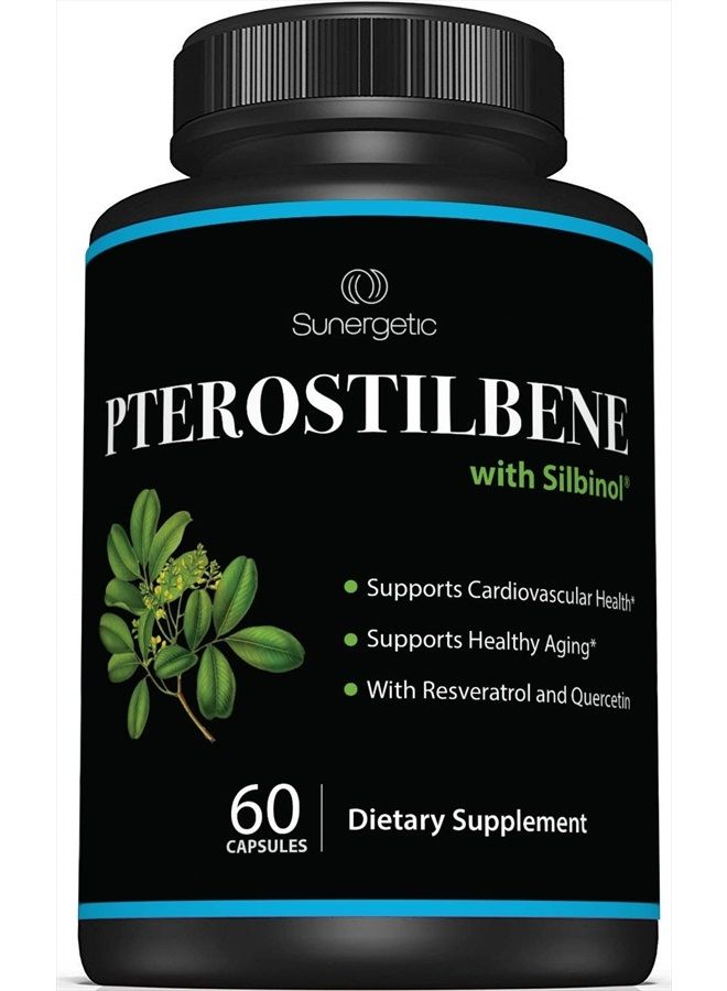 Sunergetic Premium Pterostilbene Supplement – Pterostilbene with Resveratrol & Quercetin – Supports Healthy Aging – Natural Source Pterostilbene 100mg per Serving – 60 Capsules - Image 1