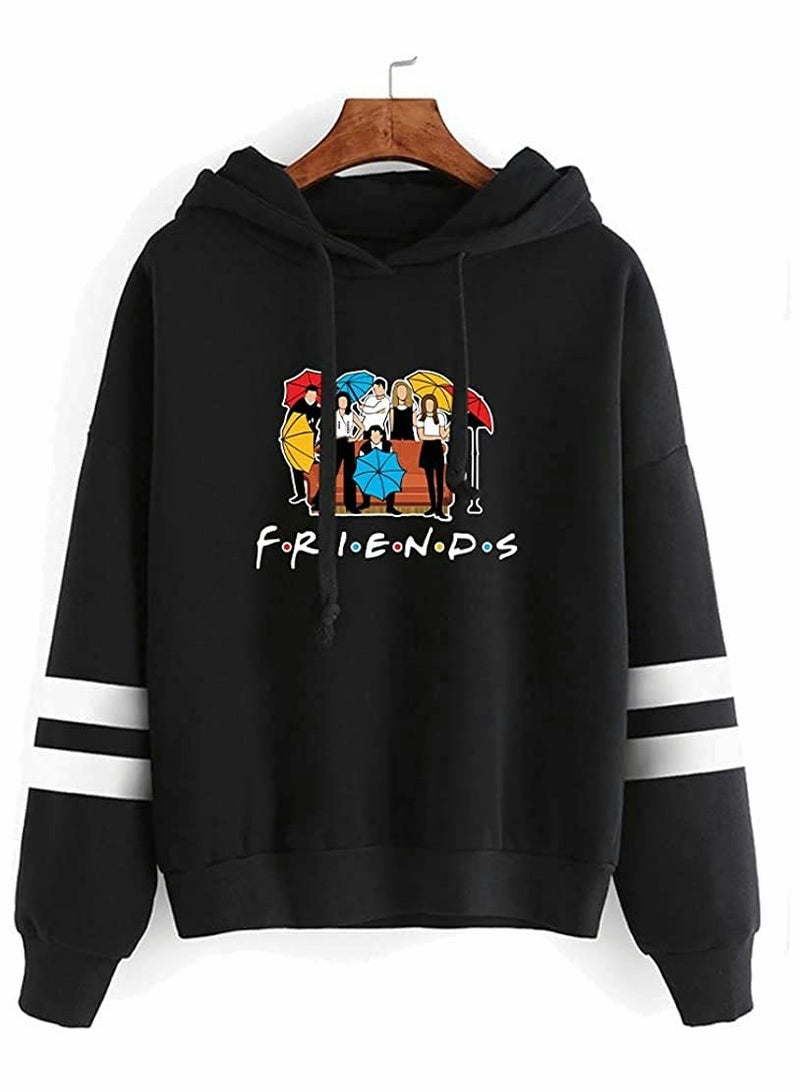 Excefore Friends Hoodies for Women, Long Sleeve Drawstring Fleece Letters Print Hooded(Black,S) - Image 1