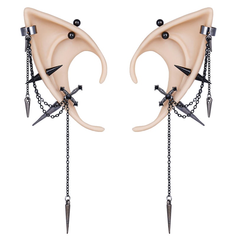 FRESHME Gothic Elf Ear Cuffs - 2 Pairs of Elf Fairy Ears with Black Dagger Renaissance Earrings Pixie Elven Non-Piercing Ear Clips Wraps for Women Christmas Renaissance Halloween Custome Viking Cosplay Accessories - Image 1