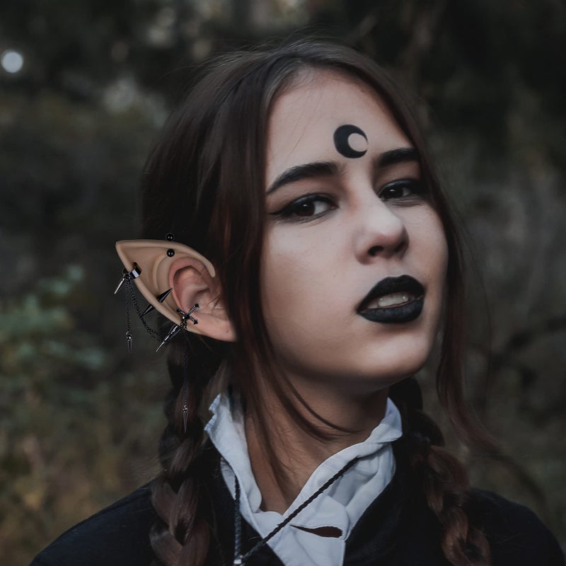 FRESHME Gothic Elf Ear Cuffs - 2 Pairs of Elf Fairy Ears with Black Dagger Renaissance Earrings Pixie Elven Non-Piercing Ear Clips Wraps for Women Christmas Renaissance Halloween Custome Viking Cosplay Accessories - Image 2