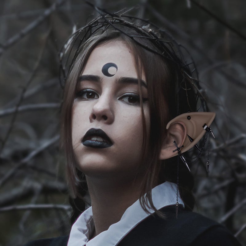 FRESHME Gothic Elf Ear Cuffs - 2 Pairs of Elf Fairy Ears with Black Dagger Renaissance Earrings Pixie Elven Non-Piercing Ear Clips Wraps for Women Christmas Renaissance Halloween Custome Viking Cosplay Accessories - Image 4