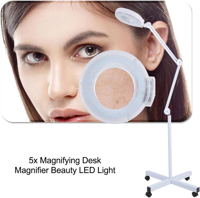 klarako Magnifying Floor Lamp, 5X Glass Lens LED Magnifier Facial Light Rolling Floor Standing Salon Beauty Skincare Tattoo Manicure Equipement with Adjustable Gooseneck - White - Image 1