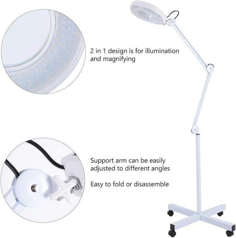 klarako Magnifying Floor Lamp, 5X Glass Lens LED Magnifier Facial Light Rolling Floor Standing Salon Beauty Skincare Tattoo Manicure Equipement with Adjustable Gooseneck - White - Image 2