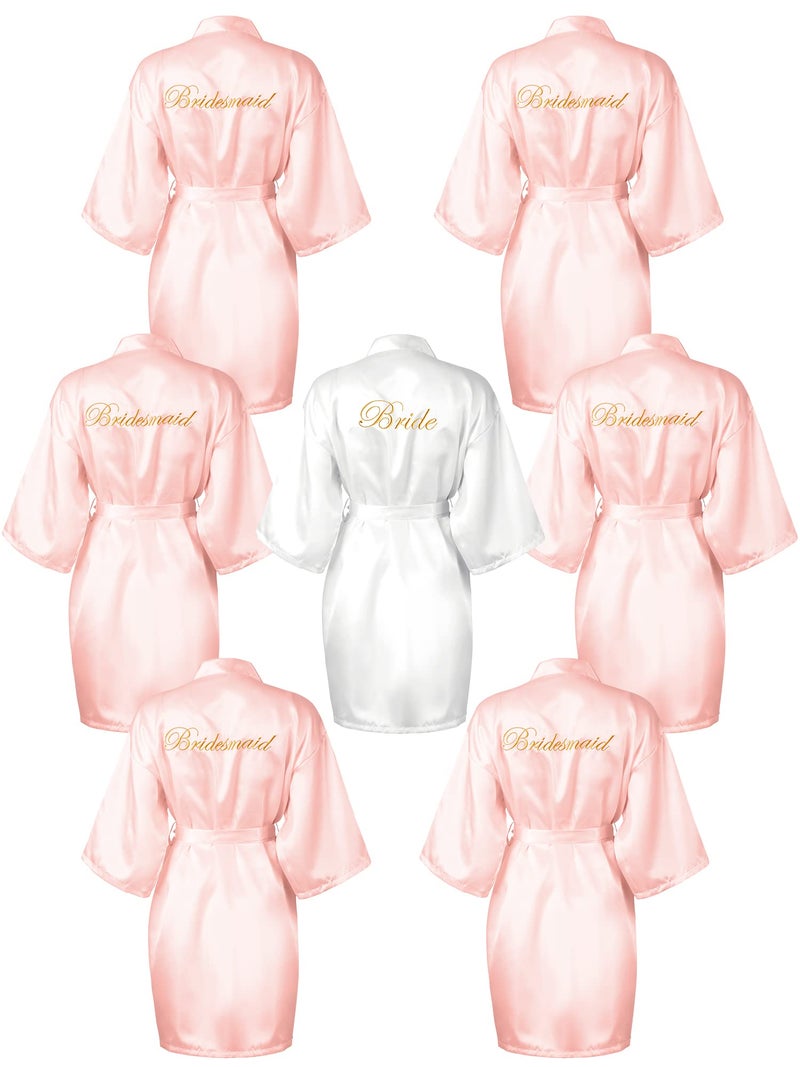 Geyoga Geyoga 7 Pcs Bridesmaids Satin Robes Silky Bride Kimono Bathrobe Sleepwear for Wedding(White, Pink,L)  - Image 1