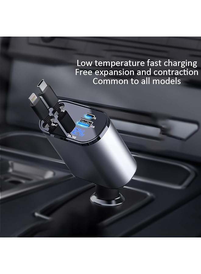 ULHYC Retractable Car Charger, Fast Car Phone Charger 60W, Charger Cables For Iphone + Type C Charge Cable + Usb (A+C) Ports Car Charger Adapter, Compatible With Iphone, Huawei Galaxy S23/ S22/S10  - Image 2