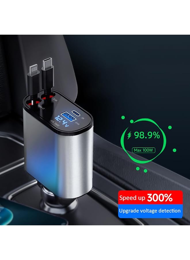 ULHYC Retractable Car Charger, Fast Car Phone Charger 60W, Charger Cables For Iphone + Type C Charge Cable + Usb (A+C) Ports Car Charger Adapter, Compatible With Iphone, Huawei Galaxy S23/ S22/S10  - Image 3